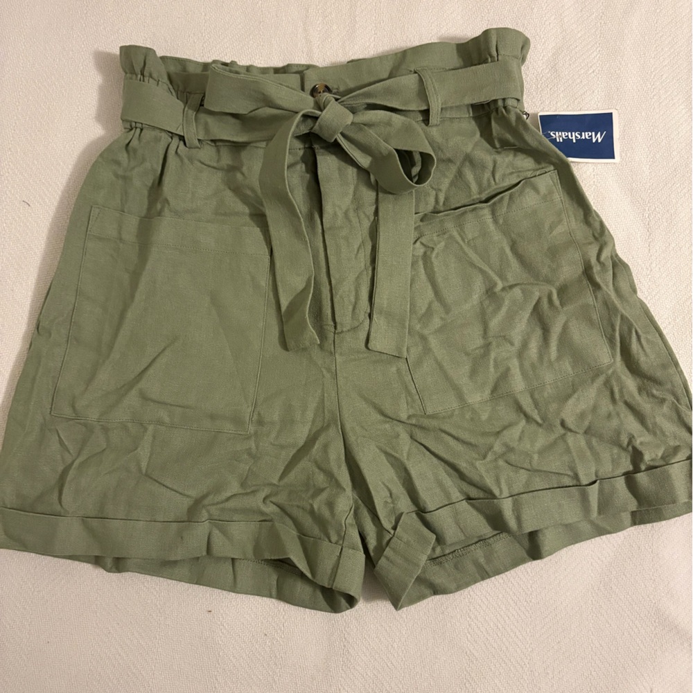 Women's Green High Waisted Paperbag Tie Waist Linen Chambray Shorts Size Small